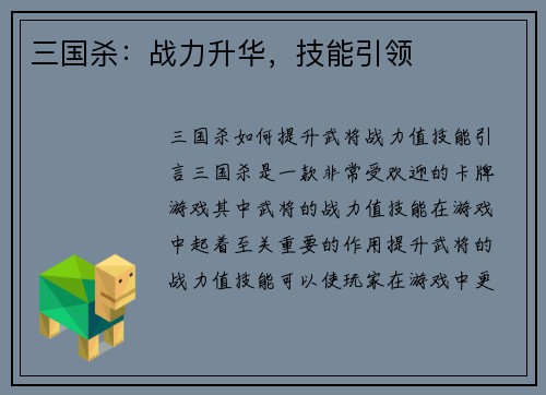 三国杀：战力升华，技能引领